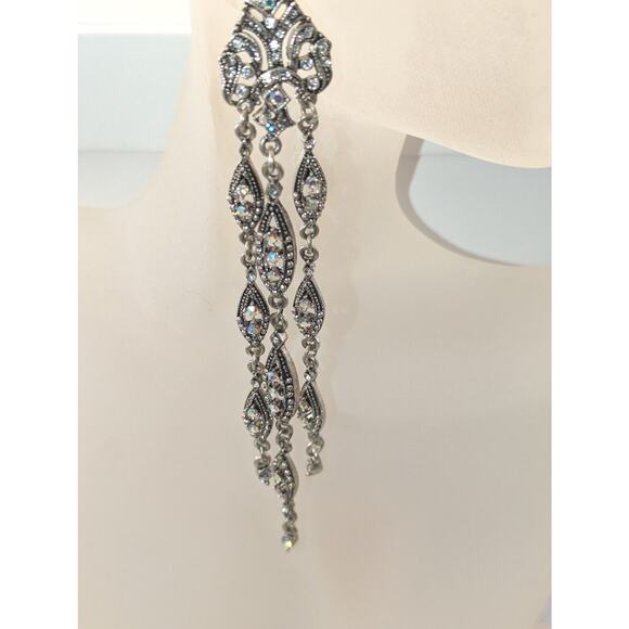 Long Duster Earings 5"Aurora Borealis Crystal Marquesite Post Earrings Vintage - Picture 8 of 9